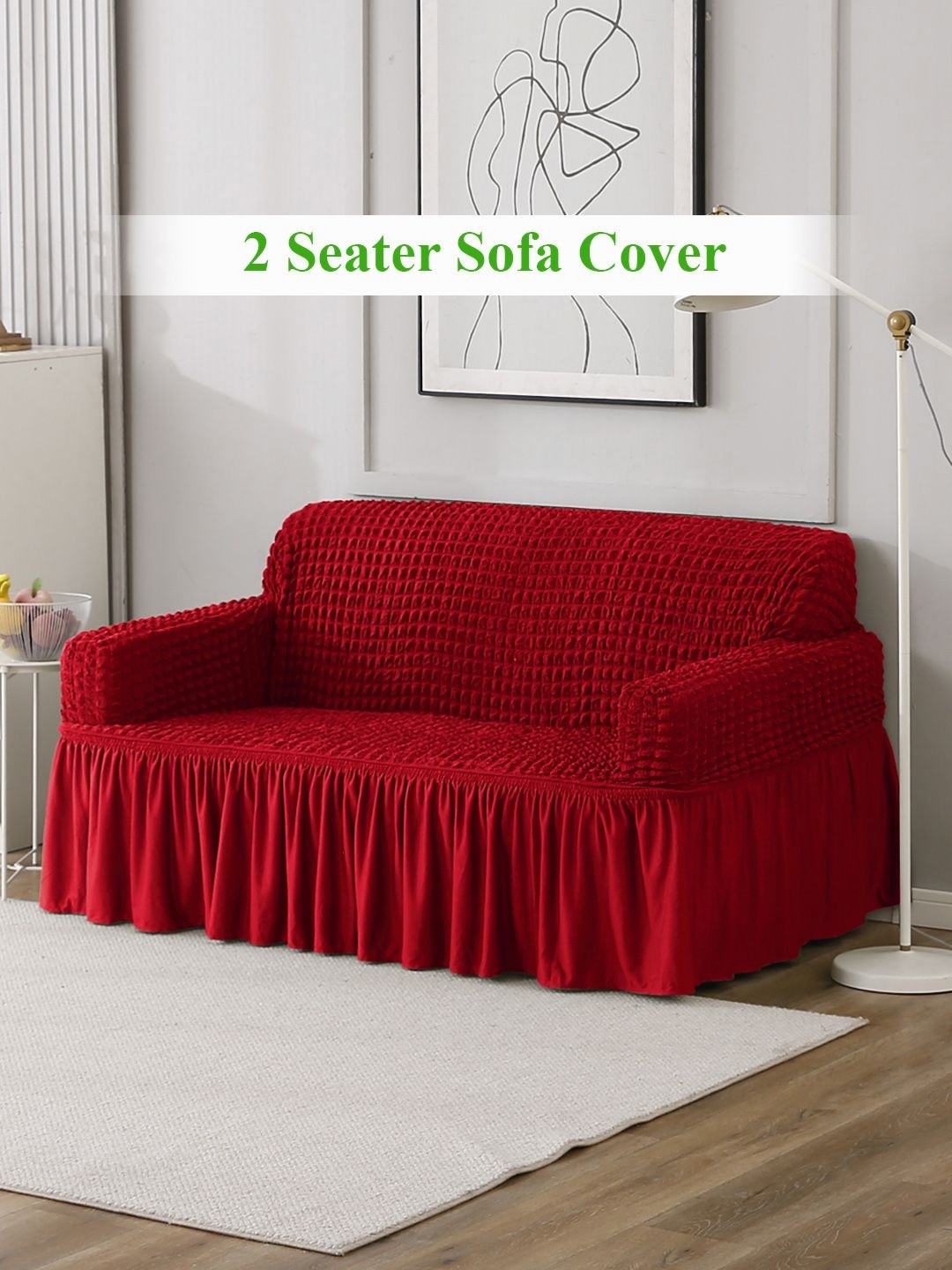 

HOKIPO Red Self Design 2 Seater Stretchable Sofa Cover With Arms