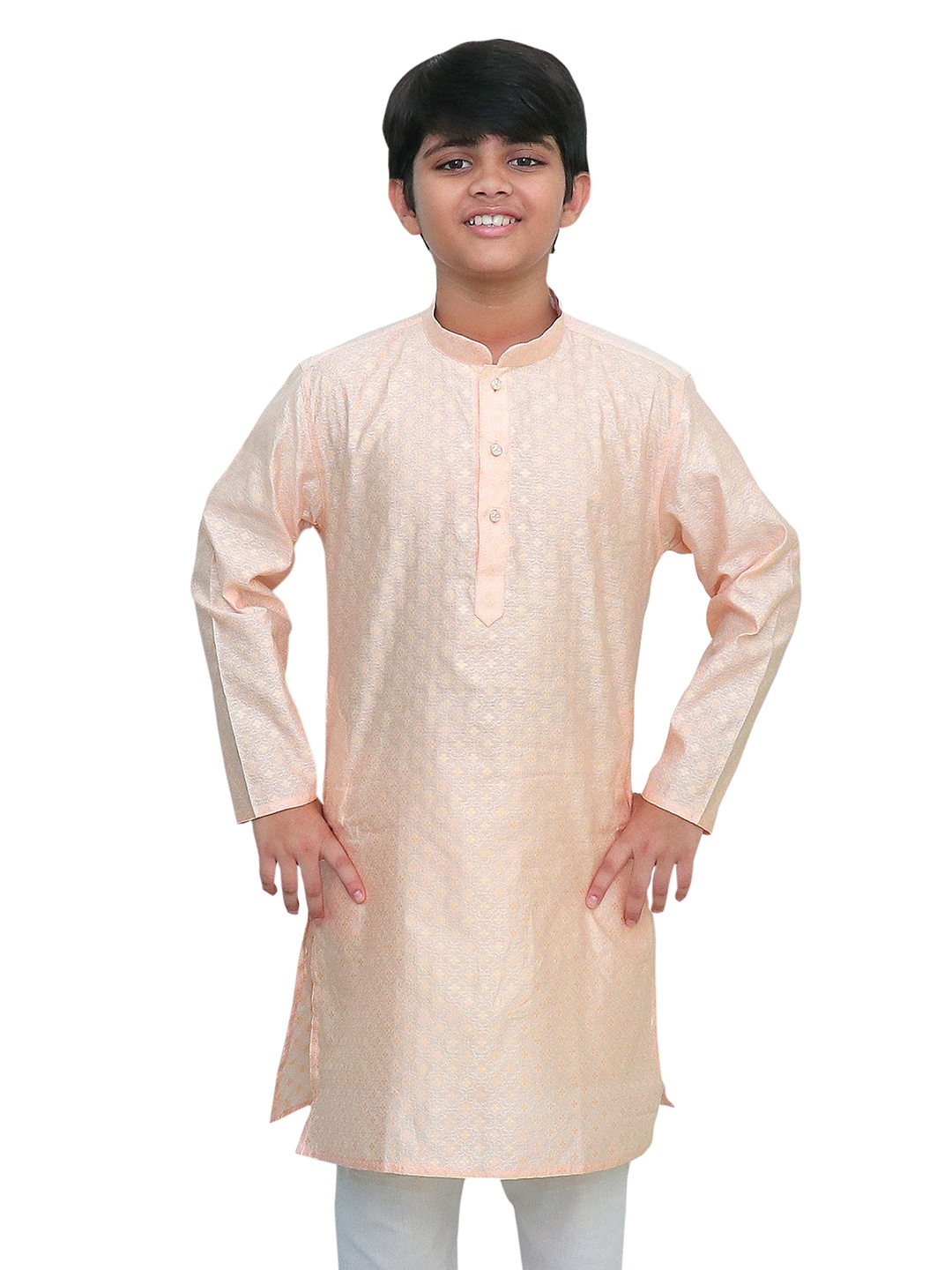 

BAESD Boys Embroidered Thread Work Jacquard Kurta, Peach