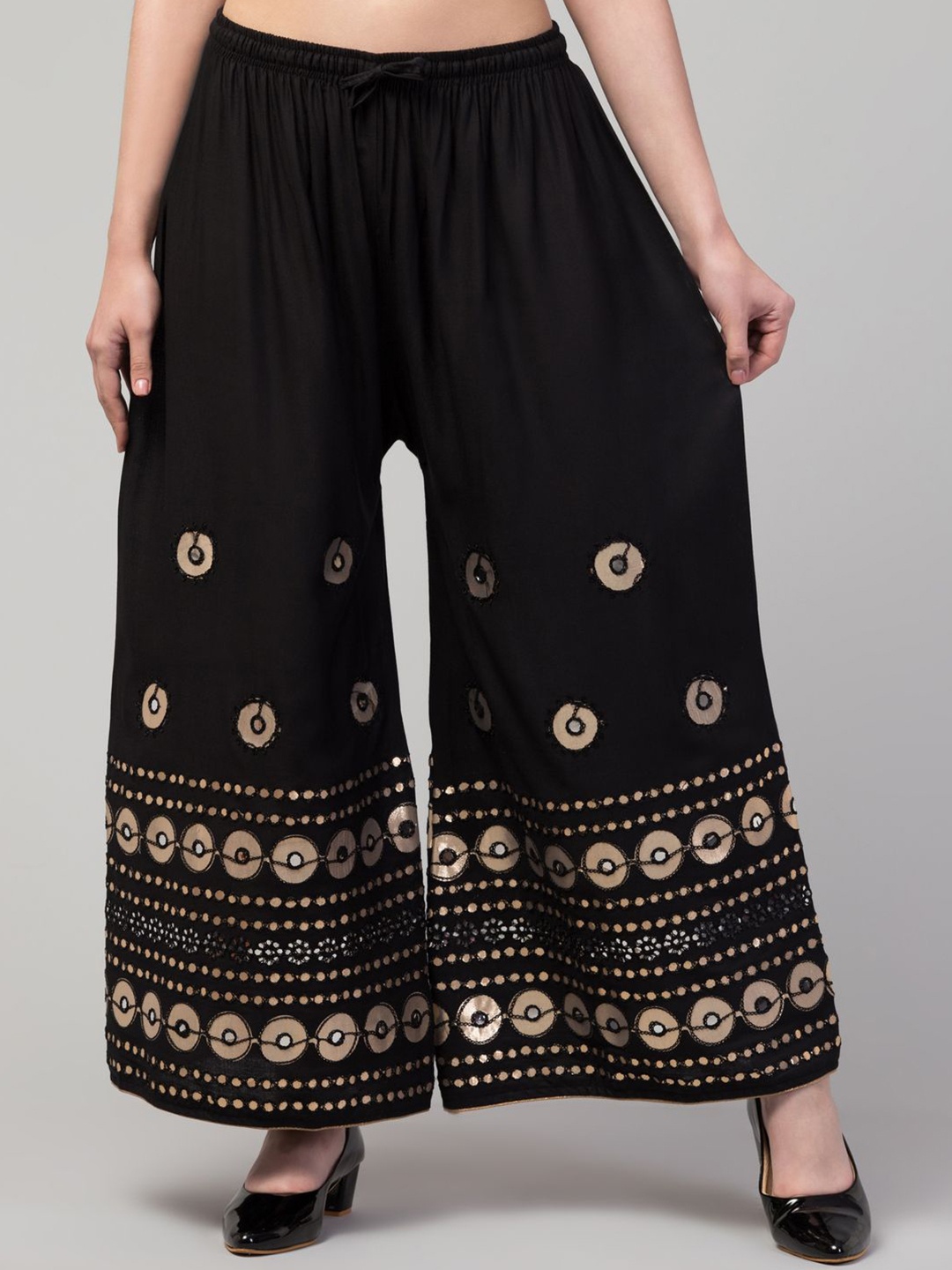 

FAMBEE Women Ethnic Motifs Embroidered Flared Ethnic Palazzos, Black