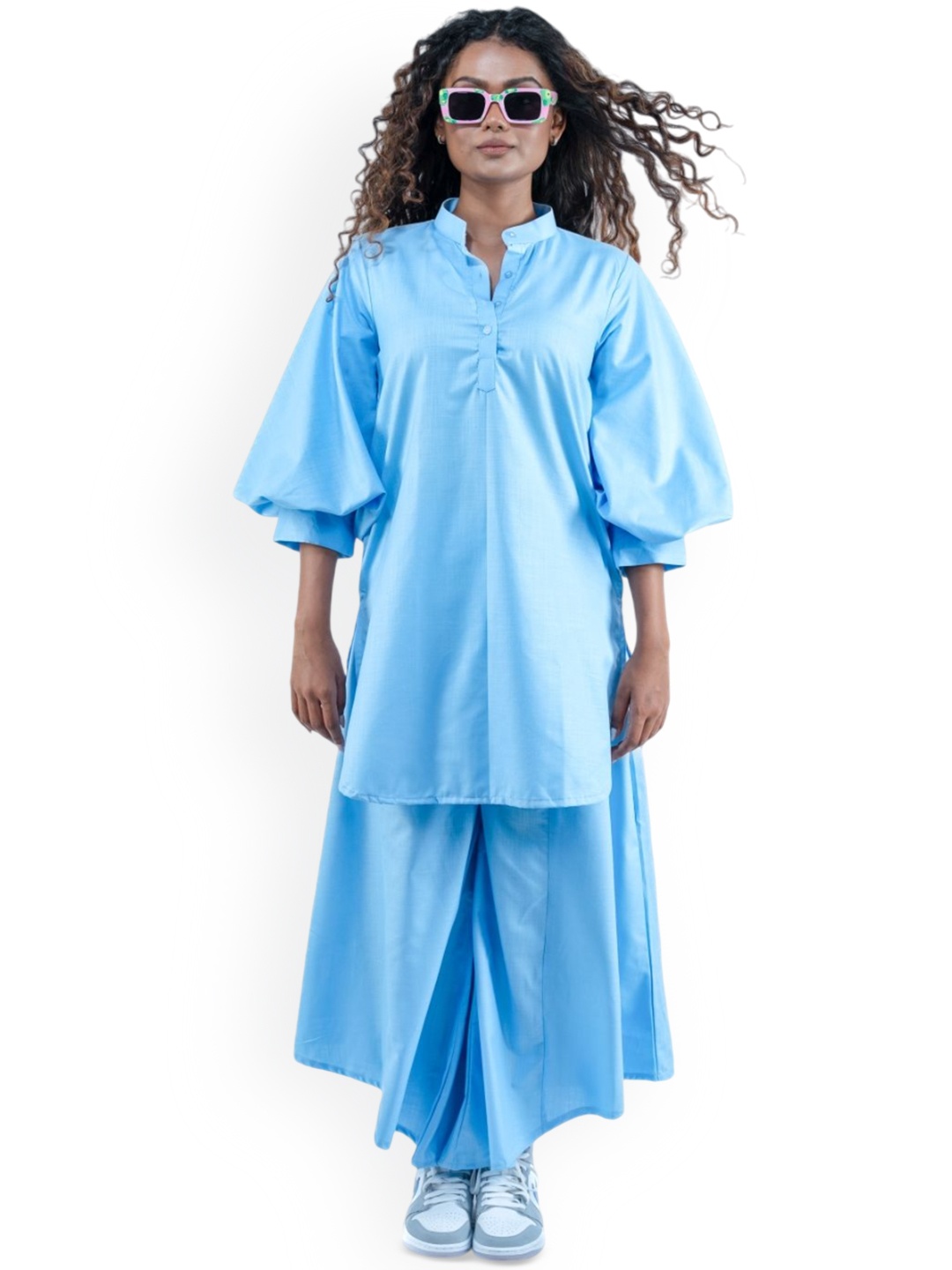 

SIL SILA Mandarin Collar Puff Sleeves Tunic With Palazzo, Blue