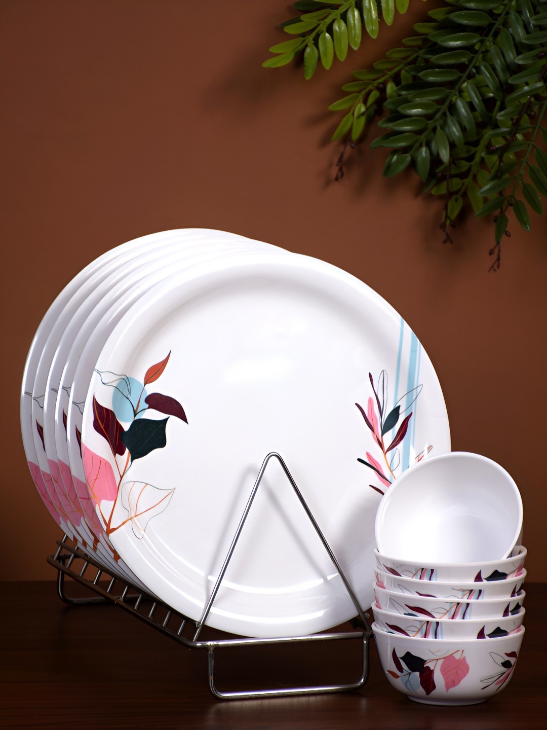 

Golden Fish White & Brown 12 Pieces Floral Printed Melamine Plates With Bowl