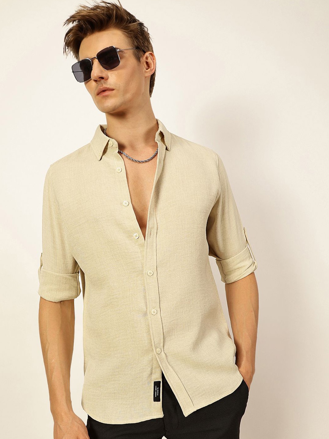 

Thomas Scott Men Premium Slim Fit Opaque Casual Shirt, Beige