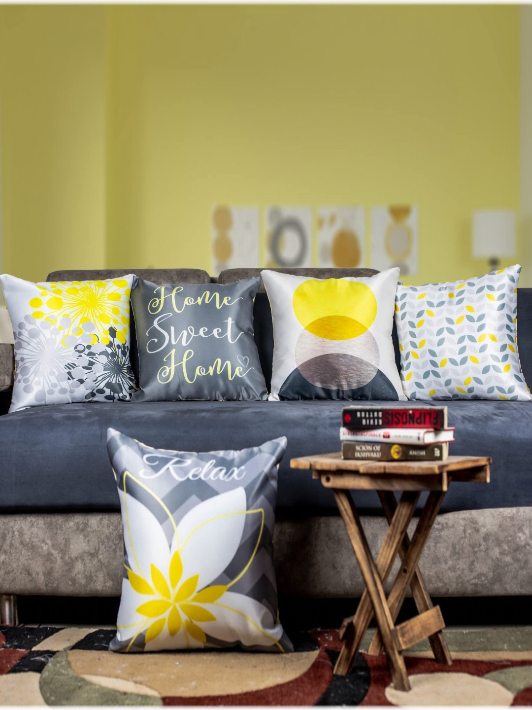

Vendola Yellow & Grey 5 Pieces Geometric Satin Square Cushion Covers