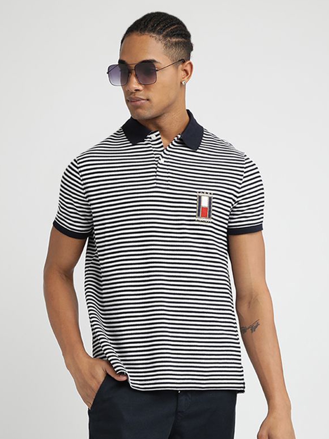 

Tommy Hilfiger Men Striped Polo Collar Cotton T-shirt, White