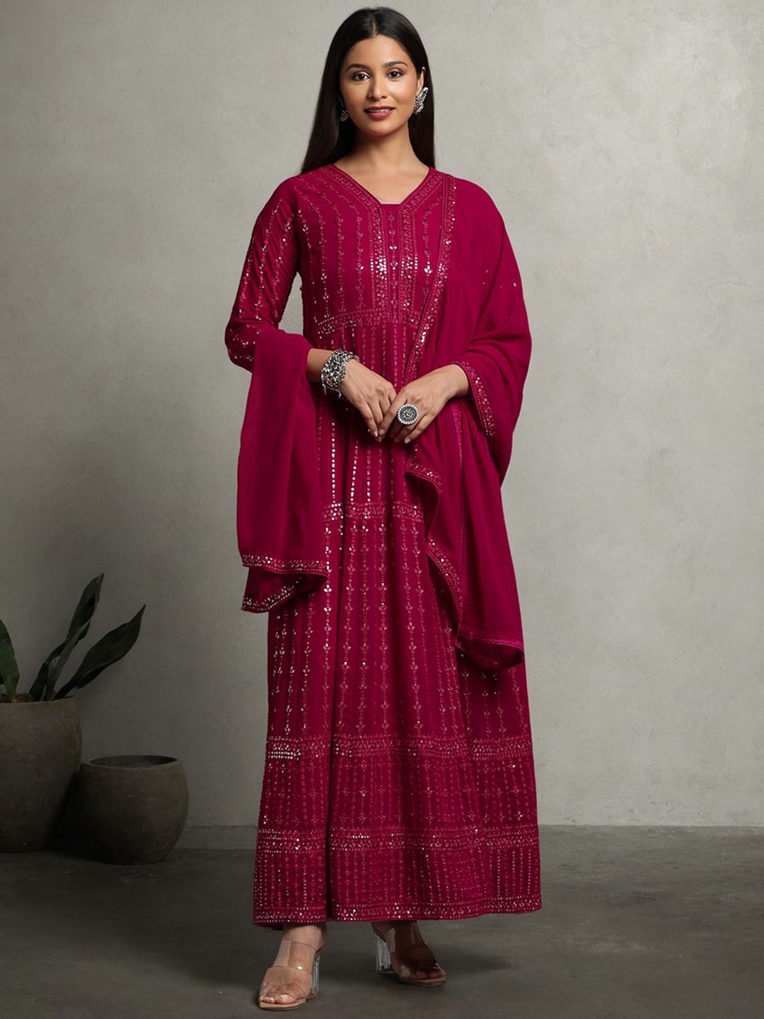 

Miss Ethnik Embroidered Anarkali Kurta & Trousers With Dupatta, Pink