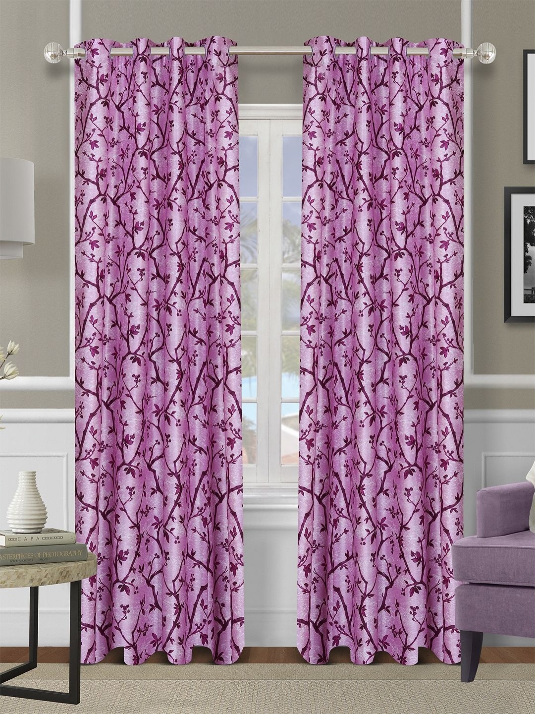 

Myntra Elegant Homes Pink 2 Pieces Floral Printed Room Darkening Door Curtains