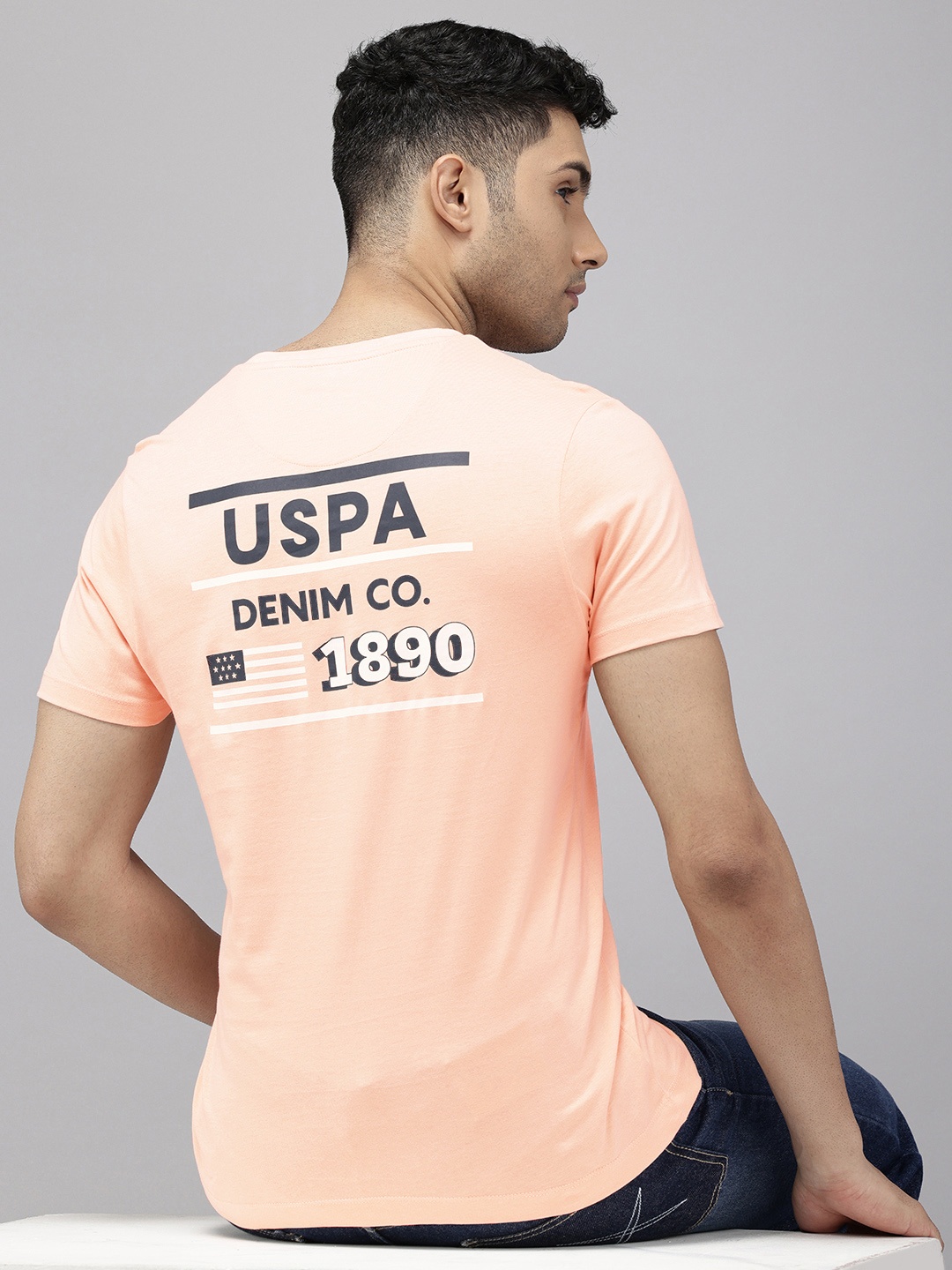 

U.S. Polo Assn. Denim Co. Typography Printed Pure Cotton Slim Fit T-shirt, Peach