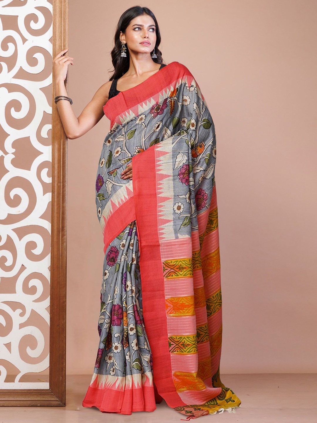 

Unnati Silks Ethnic Motifs Pure Silk Handloom Tussar Saree, Grey