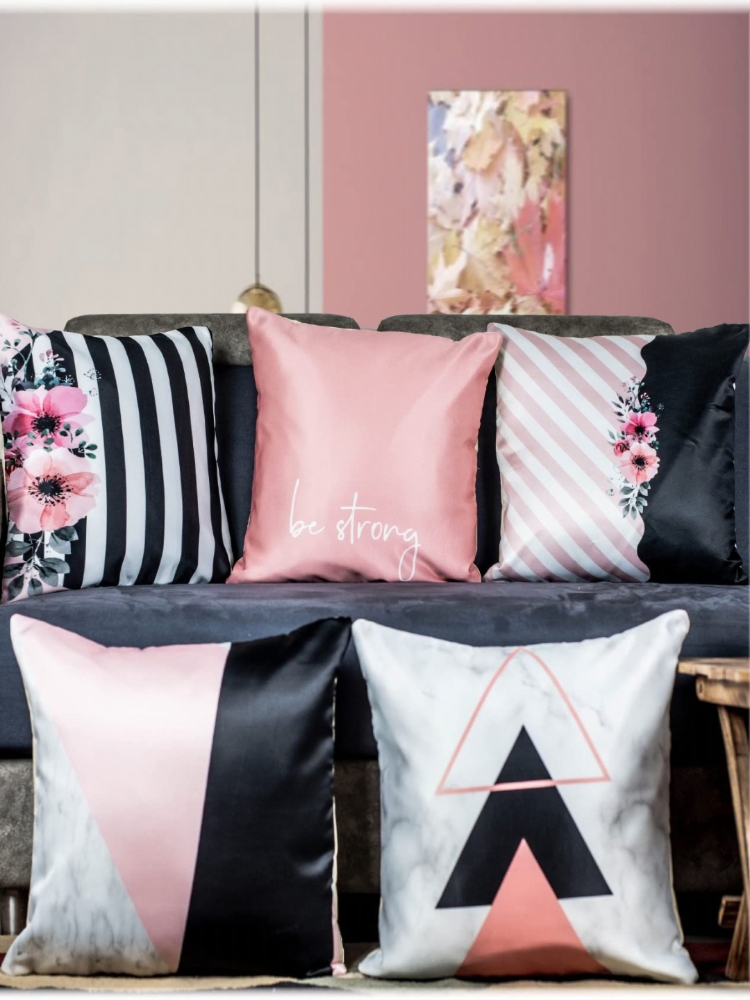 

Vendola Pink & White 5 Pieces Geometric Printed Satin Square Cushion Covers