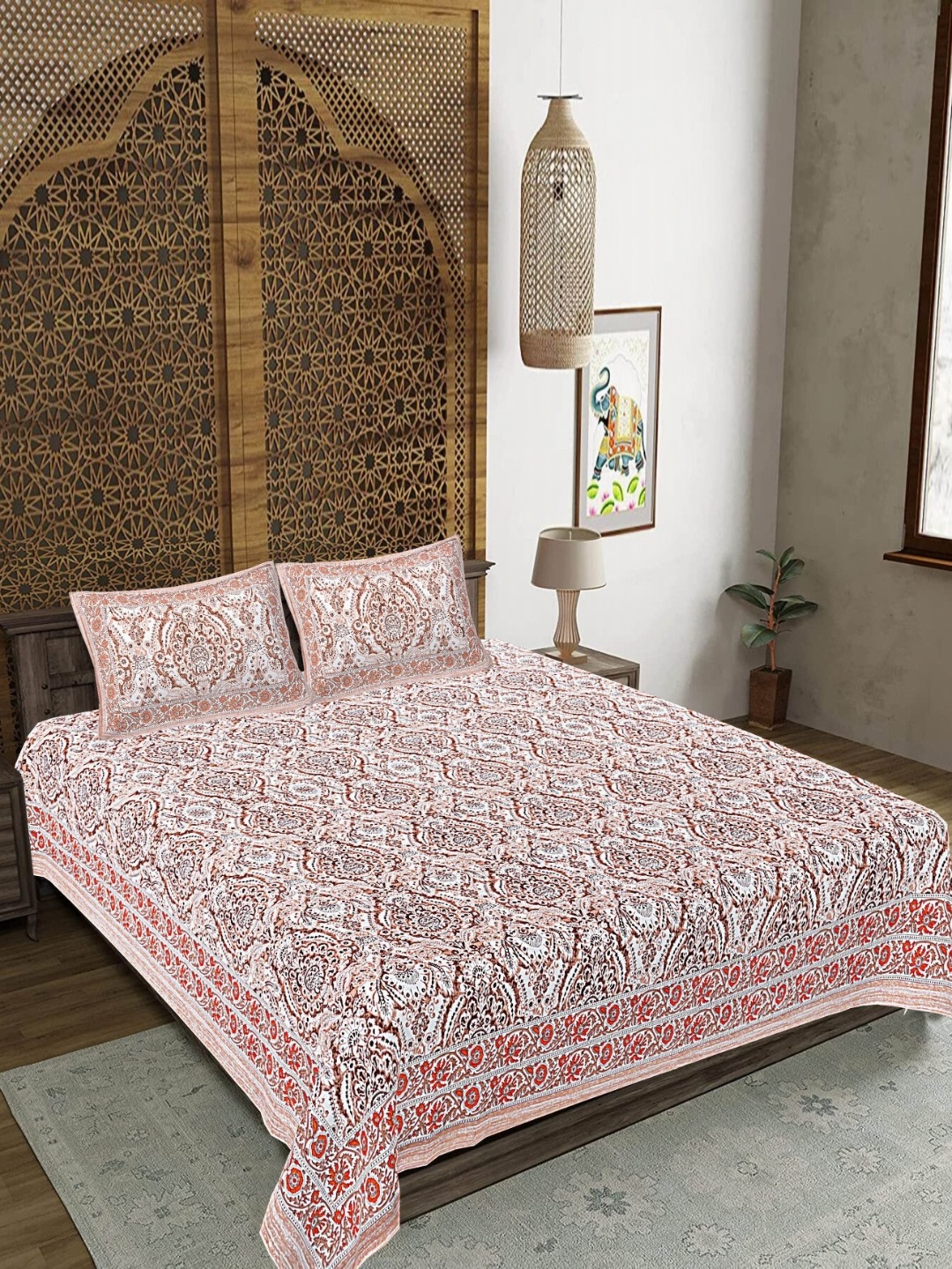 

FrionKandy Living Brown & White Ethnic Motifs 180 TC King Bedsheet With 2 Pillow Covers