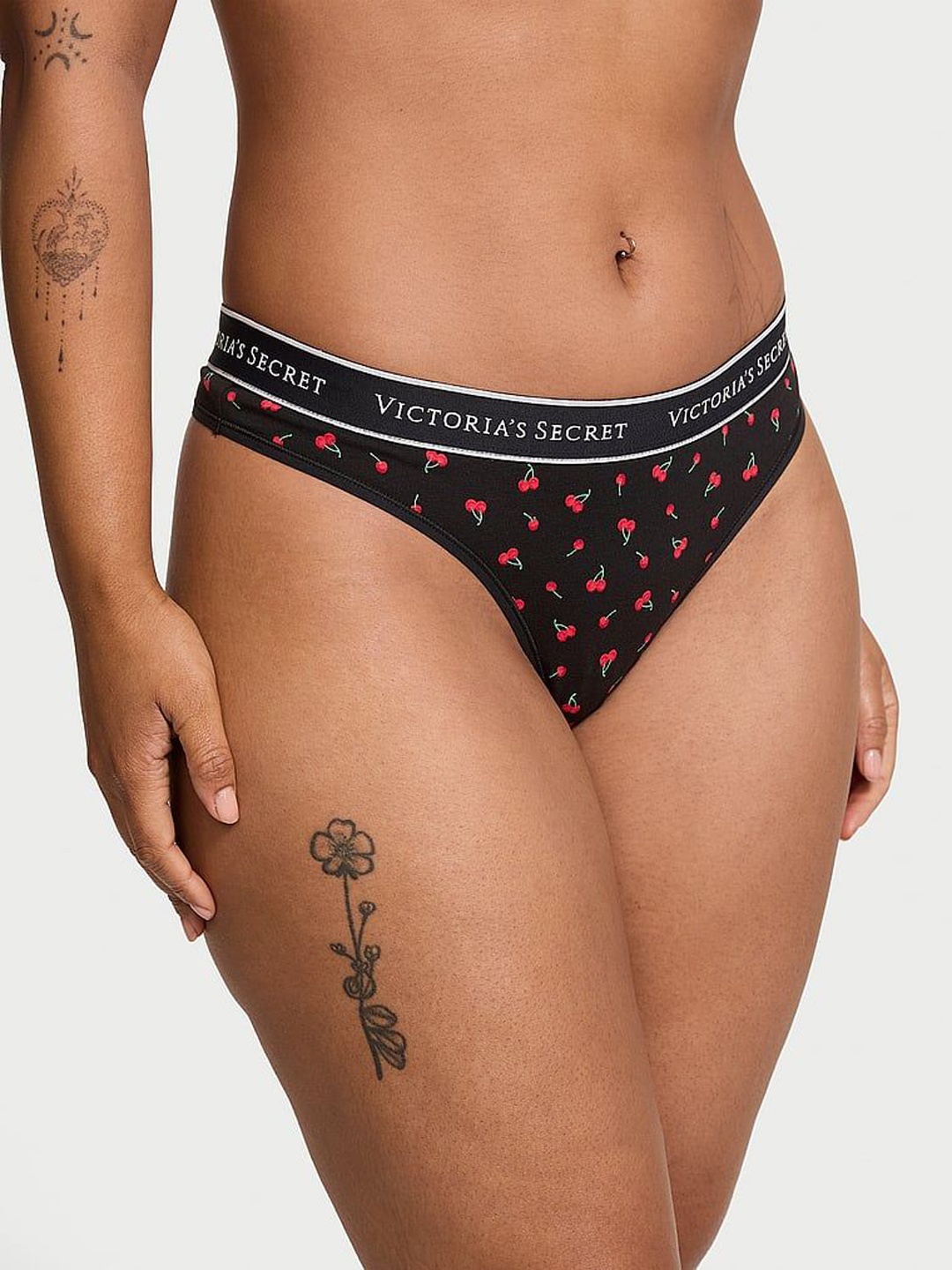 

Victoria's Secret Printed Cotton Mid Rise Thong Briefs, Black