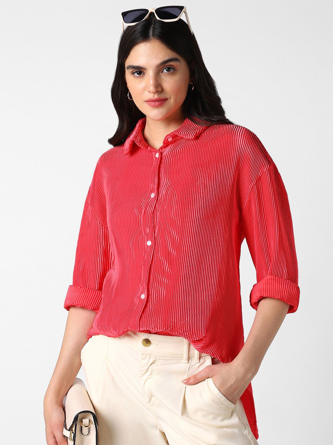 

VASTRADO Women Classic Cutaway Collar Textured Oversized Casual Shirt, Red