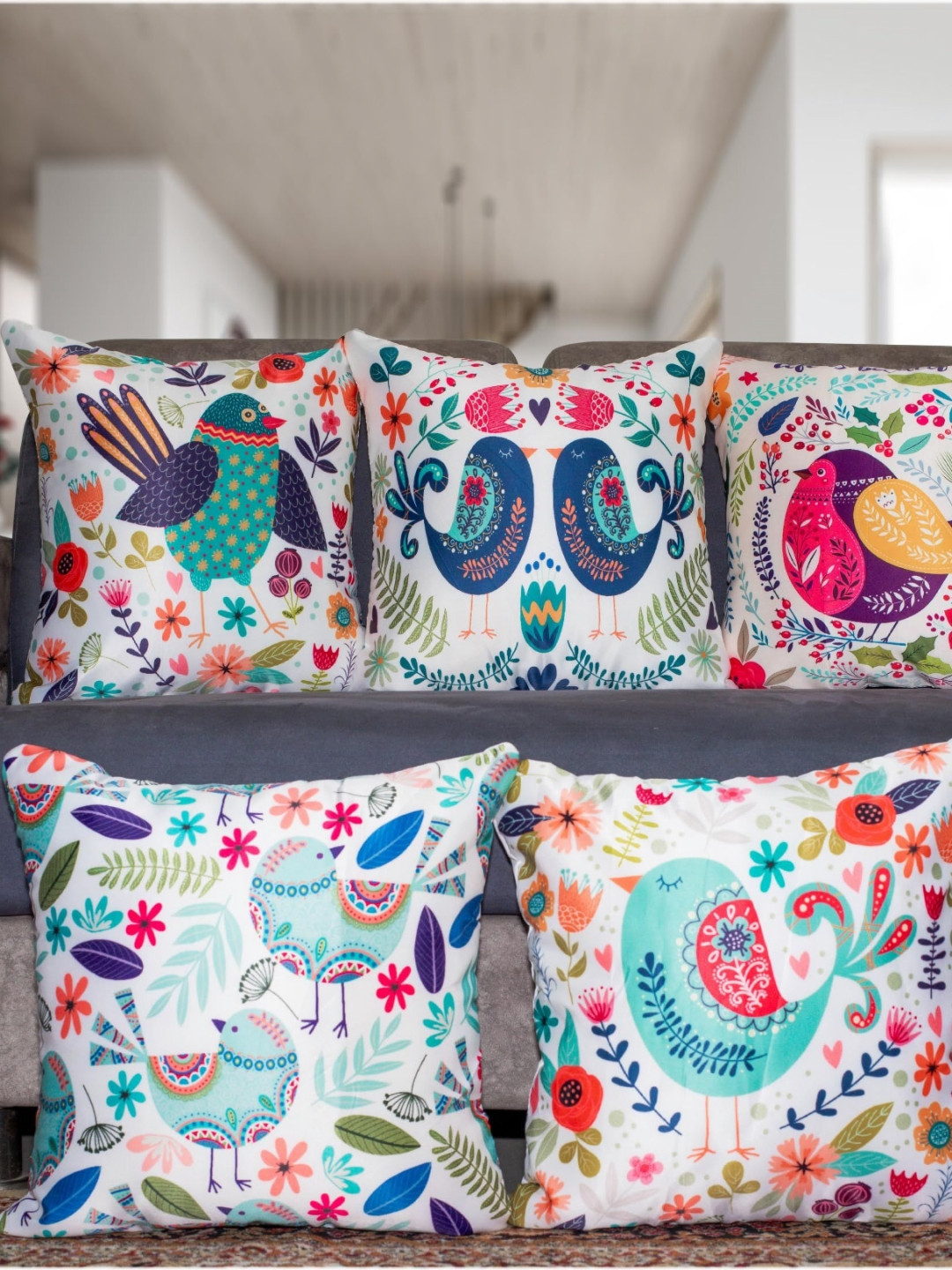 

Vendola White & Blue 5 Pieces Quirky Printed Satin Square Cushion Covers