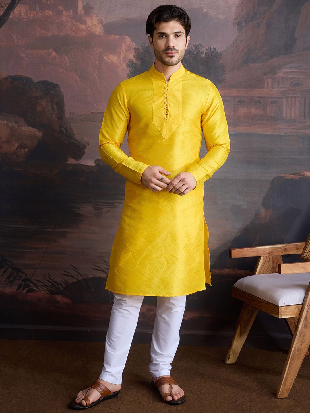 

House of Pataudi Ethnic Motifs Woven Design Mandarin Collar Straight Kurta, Yellow