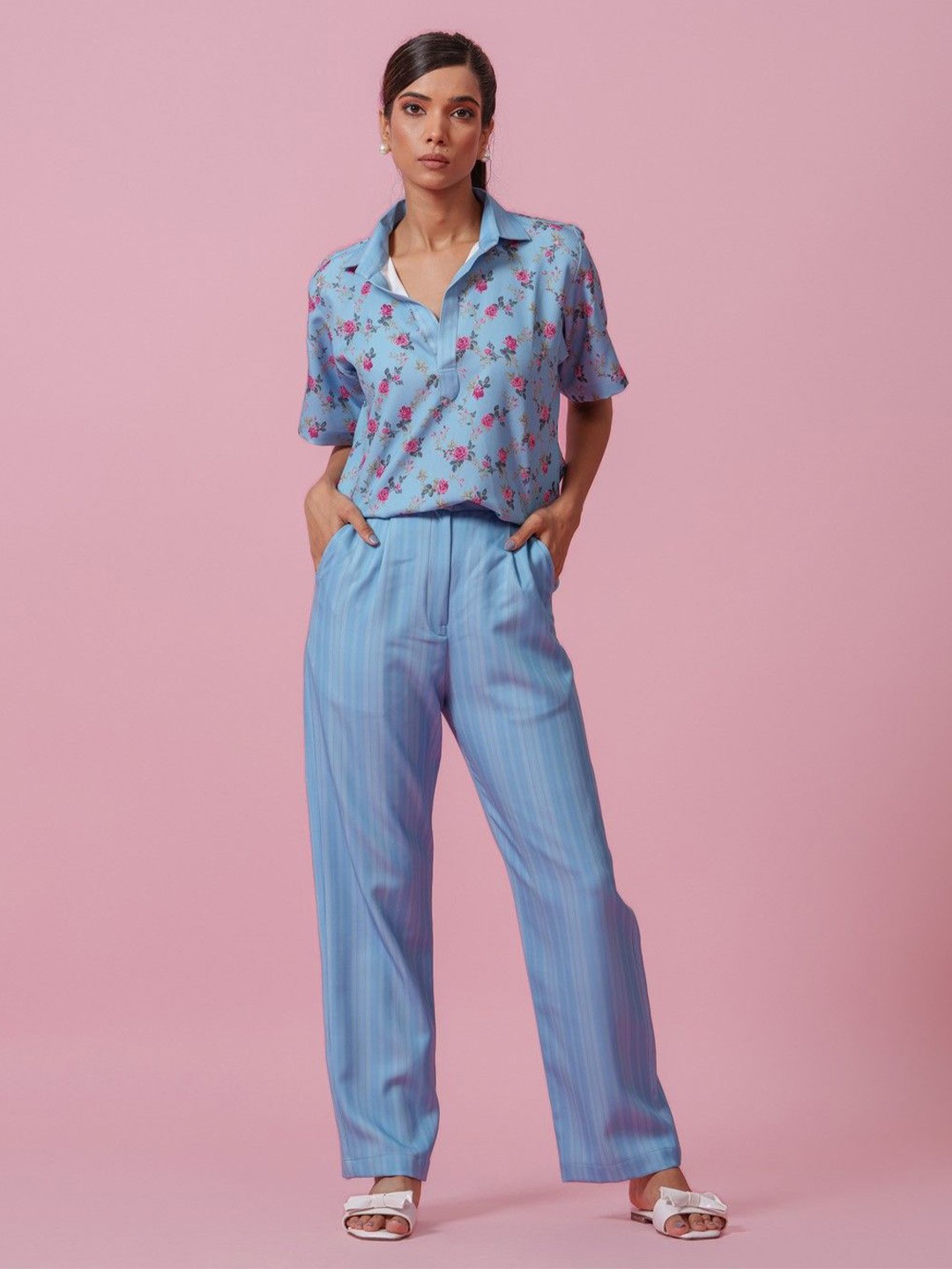 

KINA Women Floral Printed Shirt Collar Top, Blue