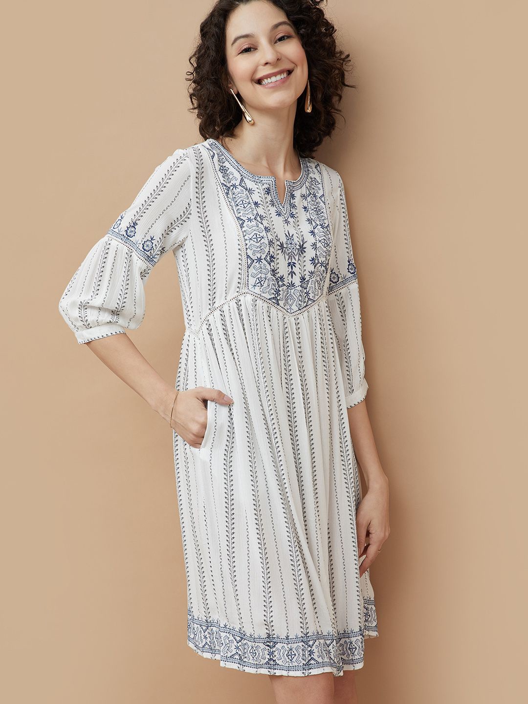 

Colour Me by Melange Print A-Line Dress, Off white