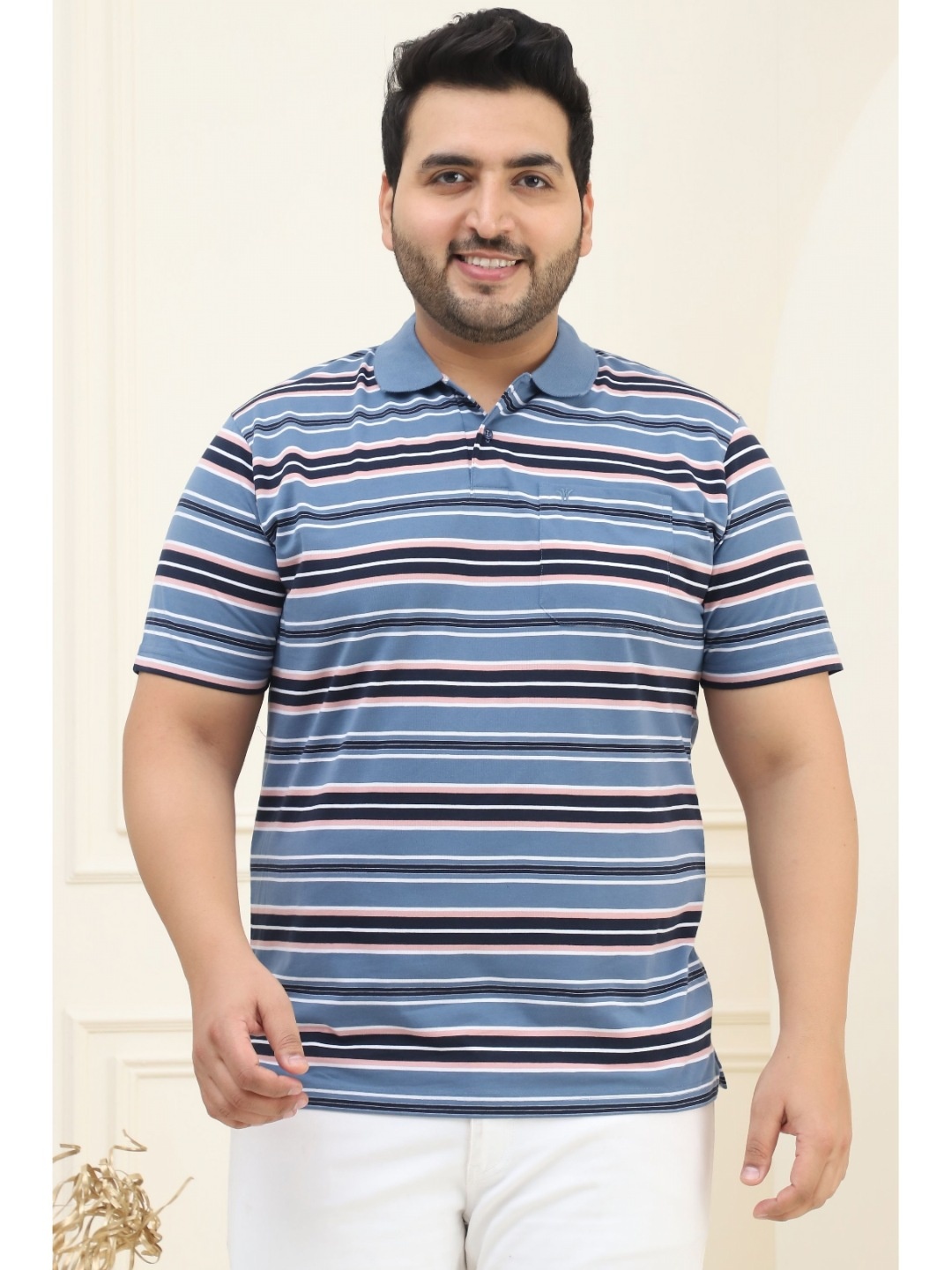 

VENITIAN Men Striped Polo Collar Cotton Plus Size T-shirt, Blue