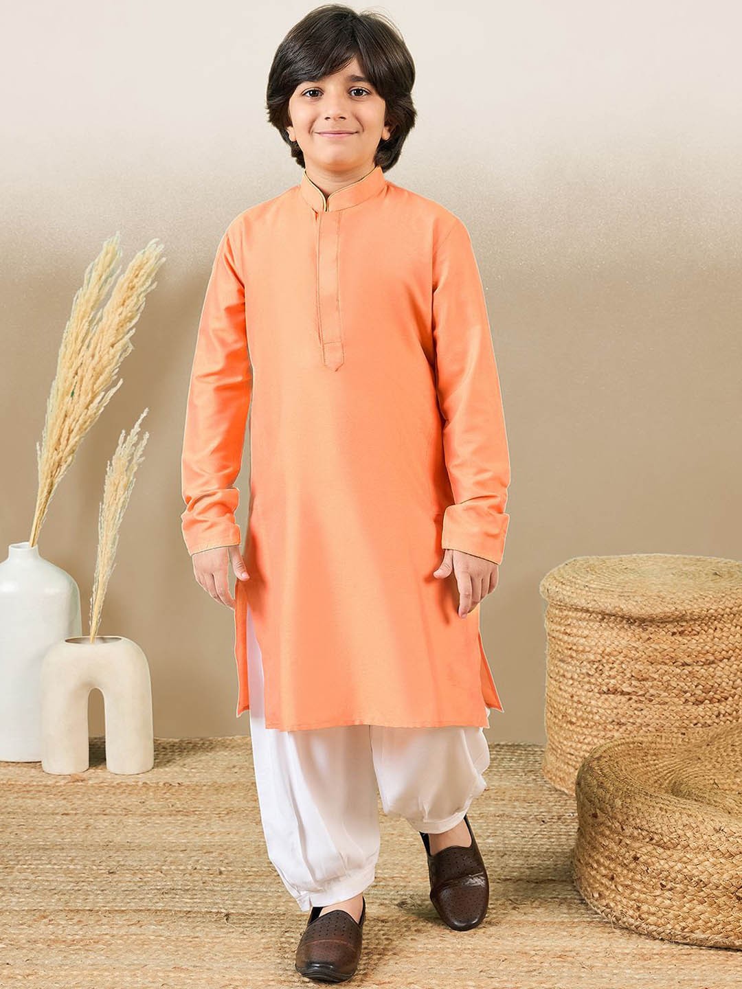 

Here&Now X Sanwara Boys Mandarin Collar Kurta with Patiala, Orange