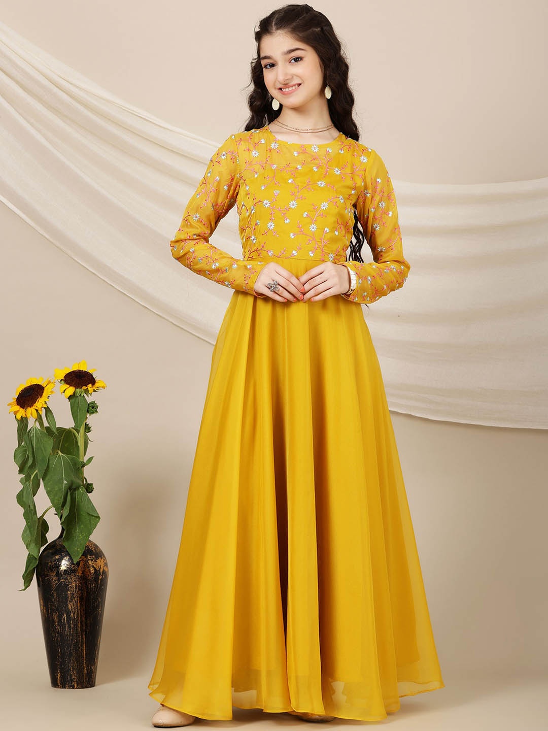 

Inddus Girls Floral Sequined Embroidered Long Sleeves Maxi Ethnic Dresses, Mustard