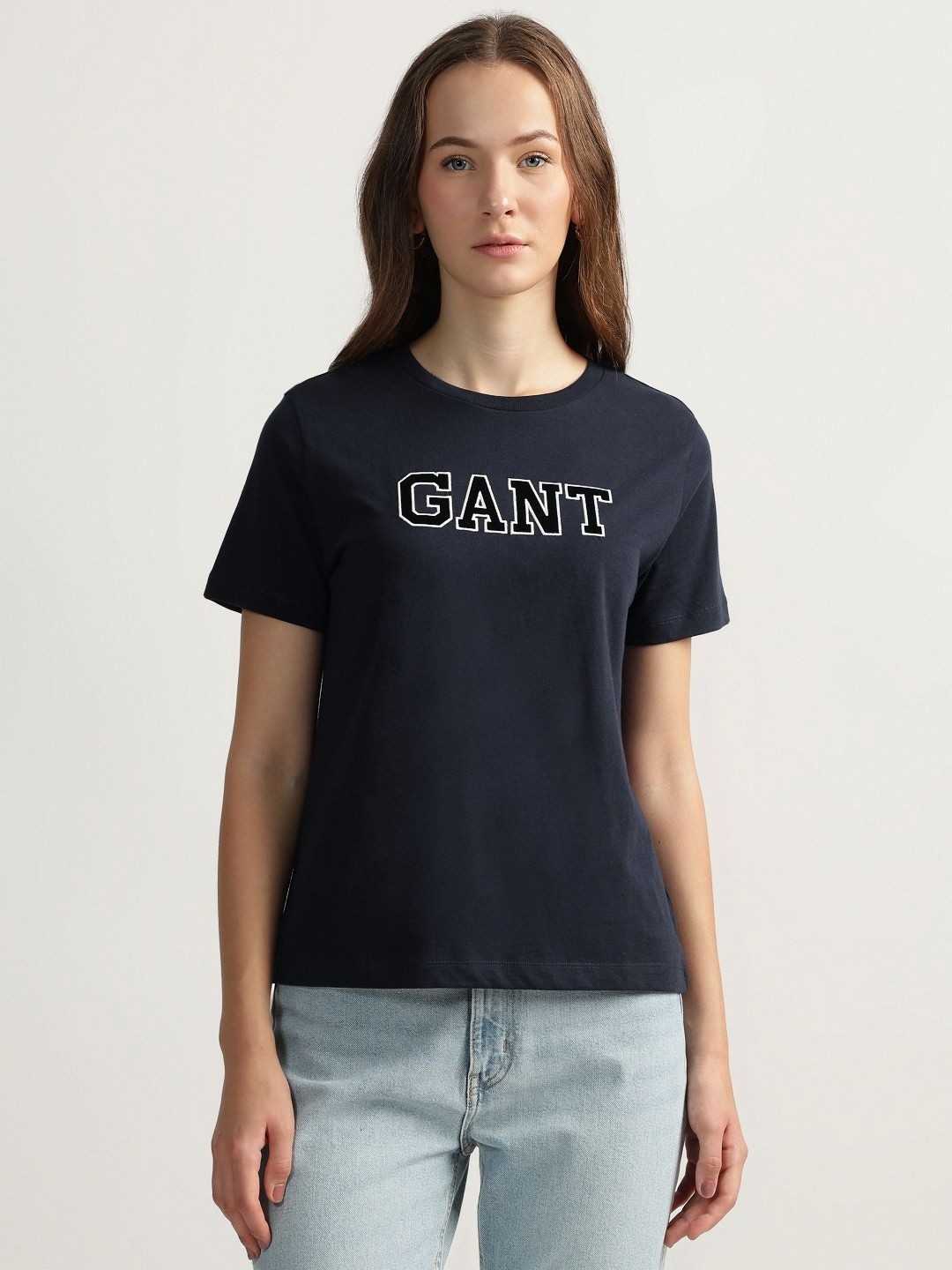 

GANT Women Organic Cotton Typography Printed Regular Fit T-shirt, Navy blue