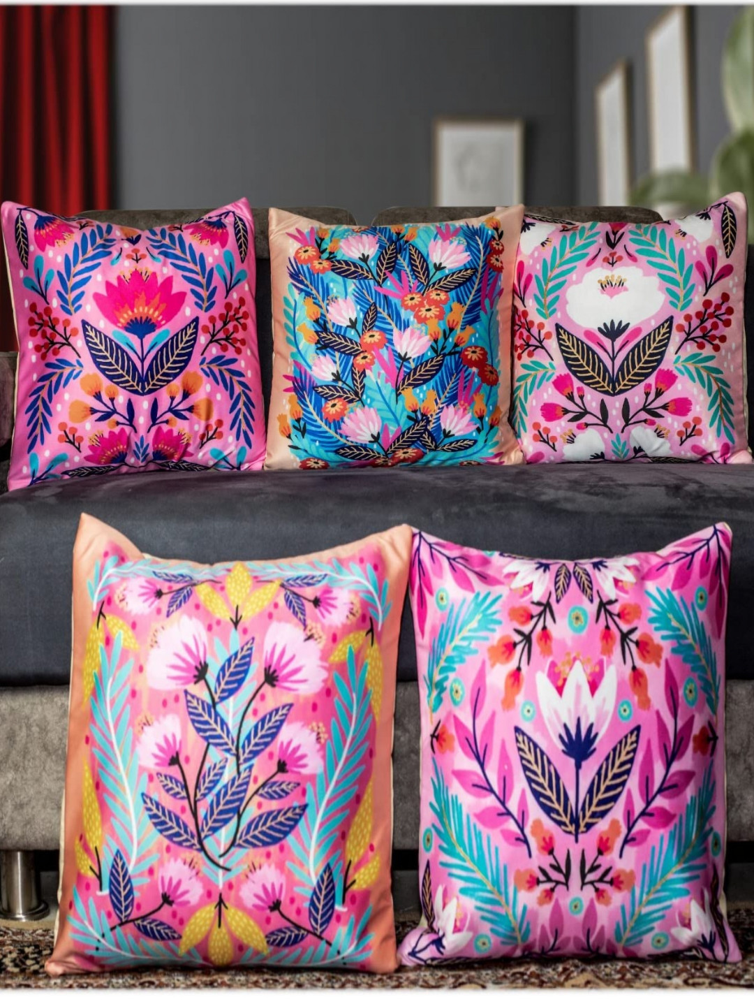 

Vendola Pink & Blue 5 Pieces Floral Printed Satin Square Cushion Covers With Fillers