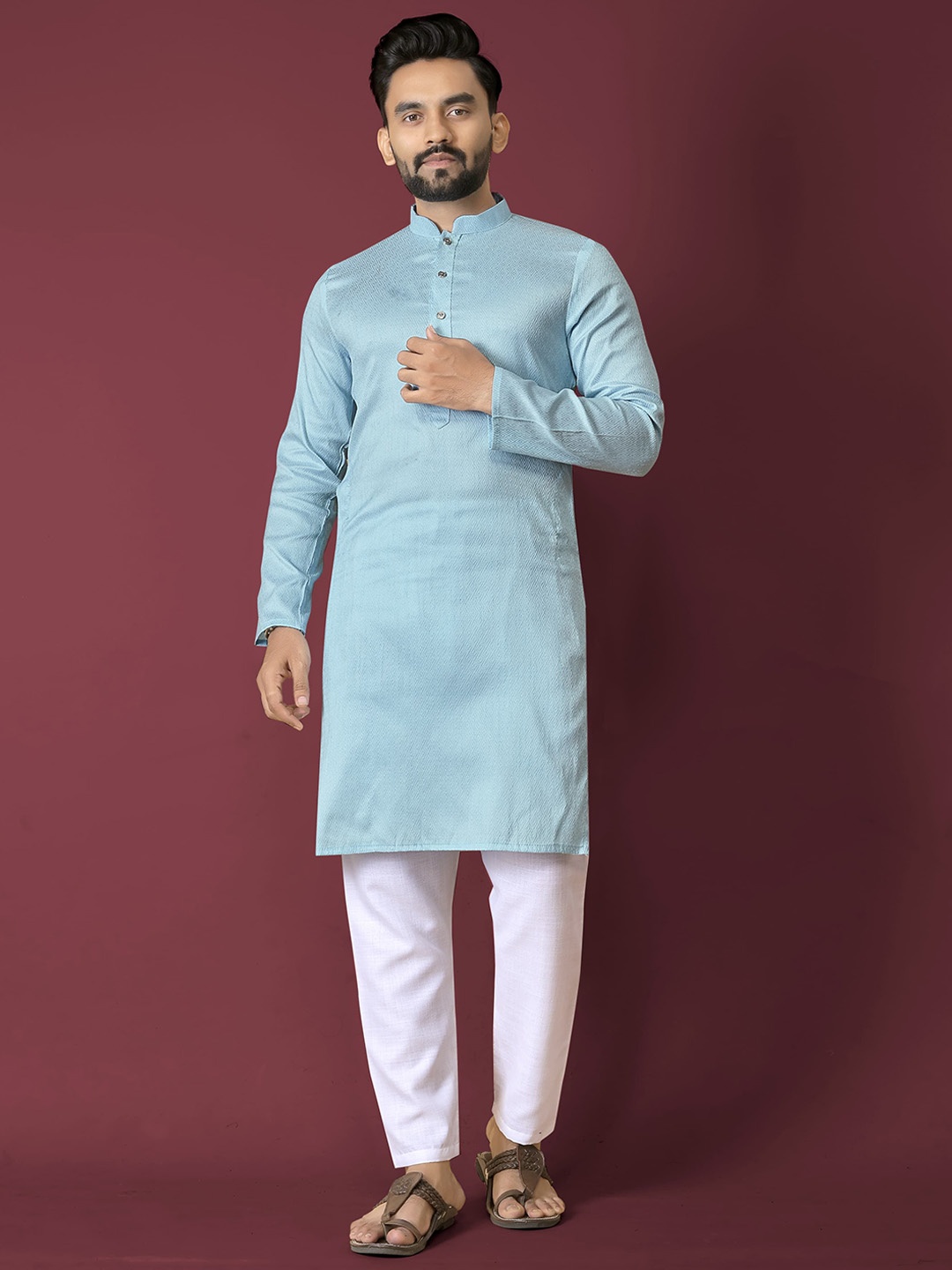 

Anaita Geometric Woven Design Mandarin Collar Jacquard Regular Straight Kurta, Turquoise blue