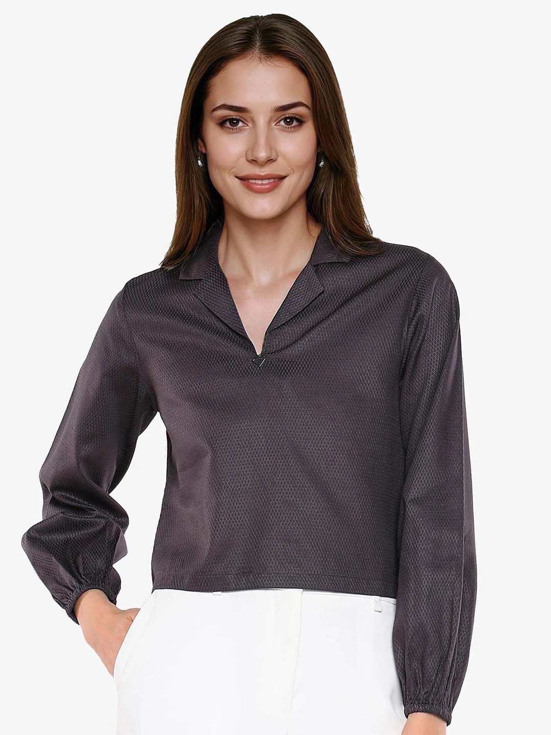 

RAREISM Women Self Design Lapel Collar Cotton Top, Grey