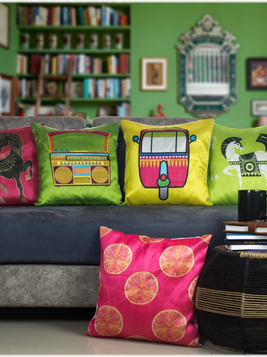 

Vendola Pink & Green 5 Pieces Printed Satin Square Cushion Covers