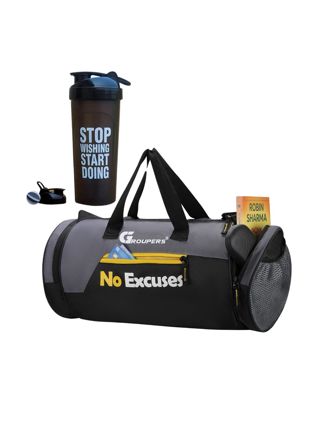 

GROUPERS Printed Medium Foldable Sports Duffel Bag With Shaker Bottle, Black