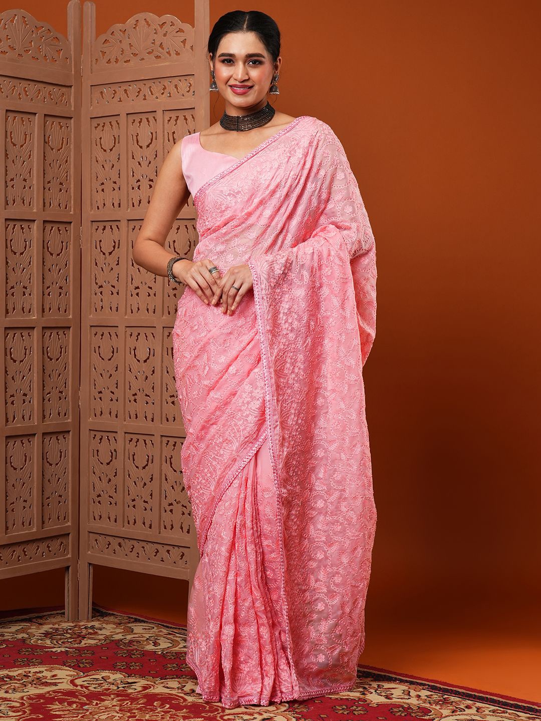 

KALINI Floral Embroidered Organza Saree, Pink