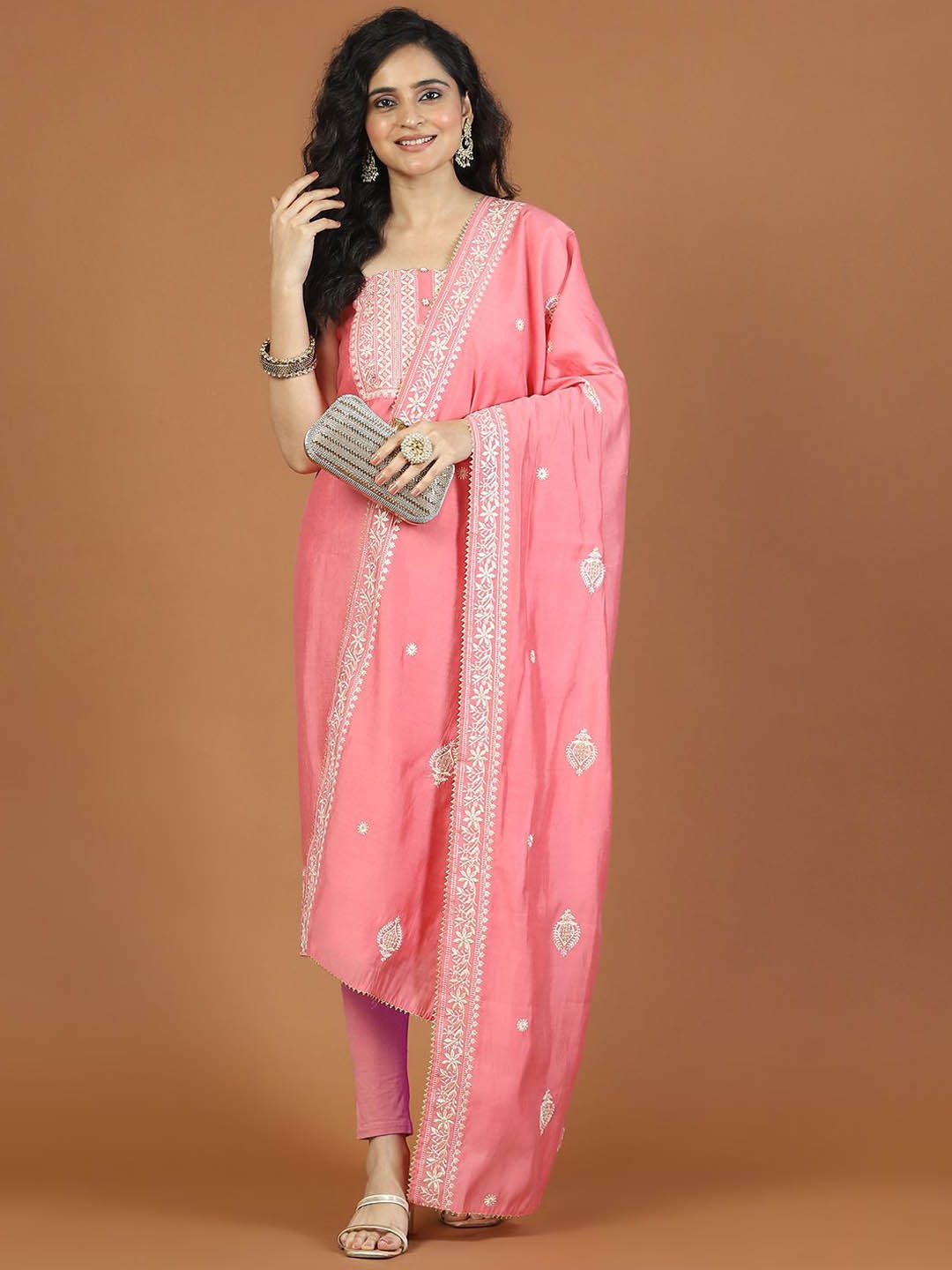 

Meena Bazaar Embroidered Art Silk Unstitched Dress Material, Pink