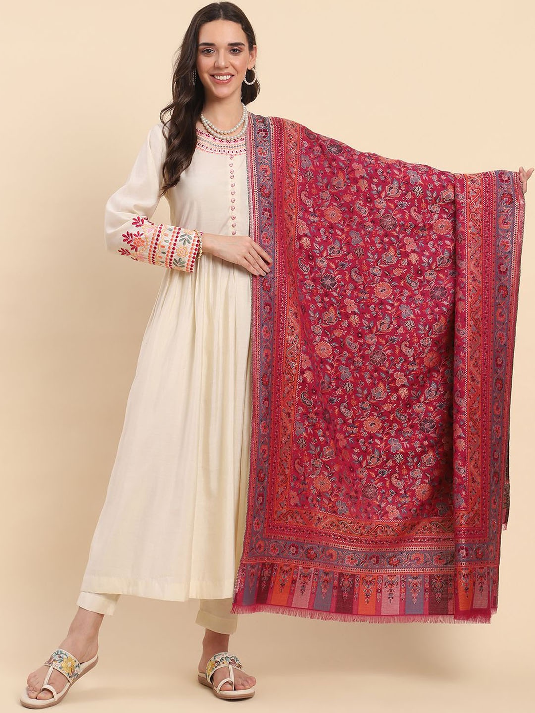 

La Vastraa Women Floral Woven Design Shawl, Pink
