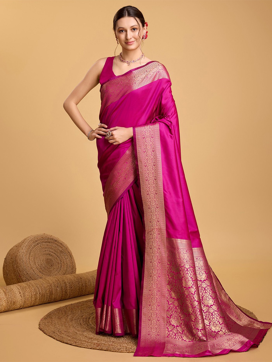 

bansari textiles Zari Silk Cotton Banarasi Saree, Pink