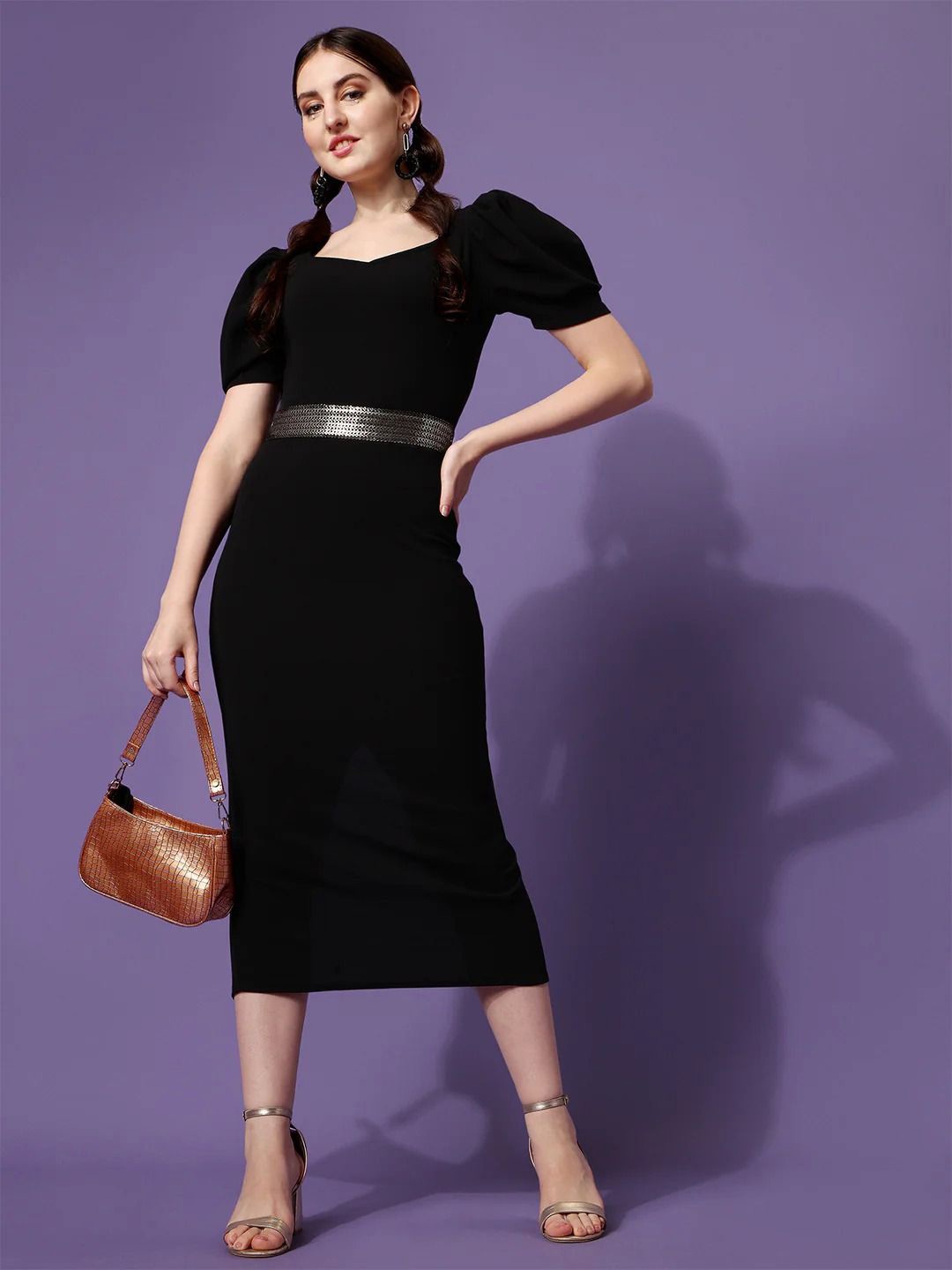 

Urban Komfort Puff Sleeve Bodycon Midi Dress, Black