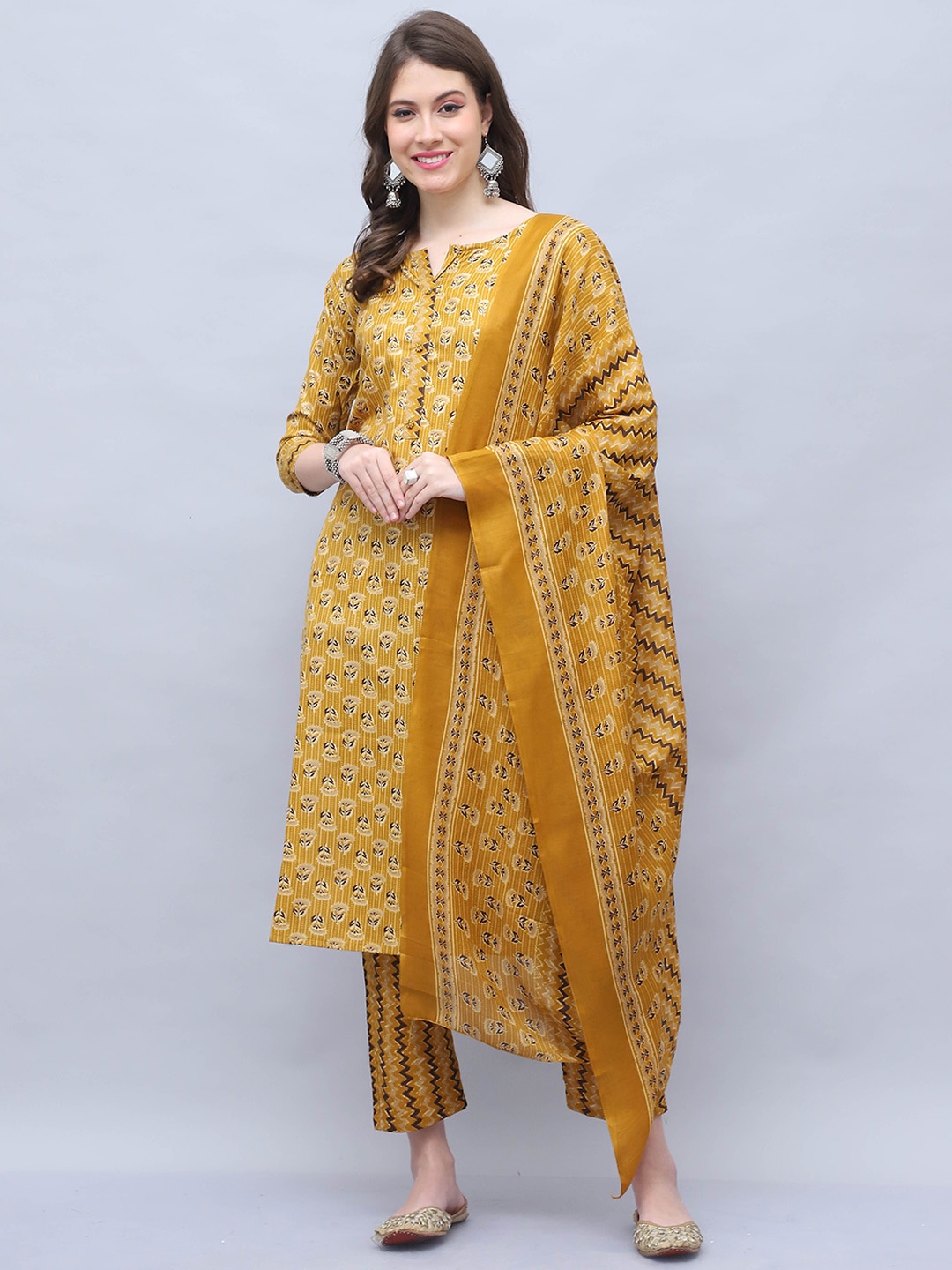 

Roly Poly Floral Printed Straight Kurta With Trouser & Dupatta, Mustard