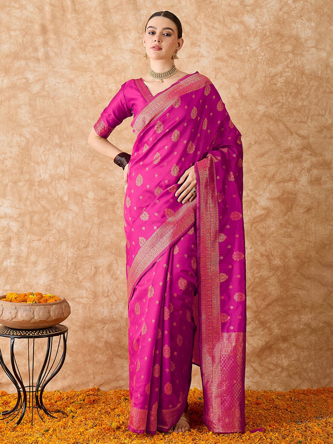 

Sangria Woven Design Banarasi Saree With Blouse Piece, Pink