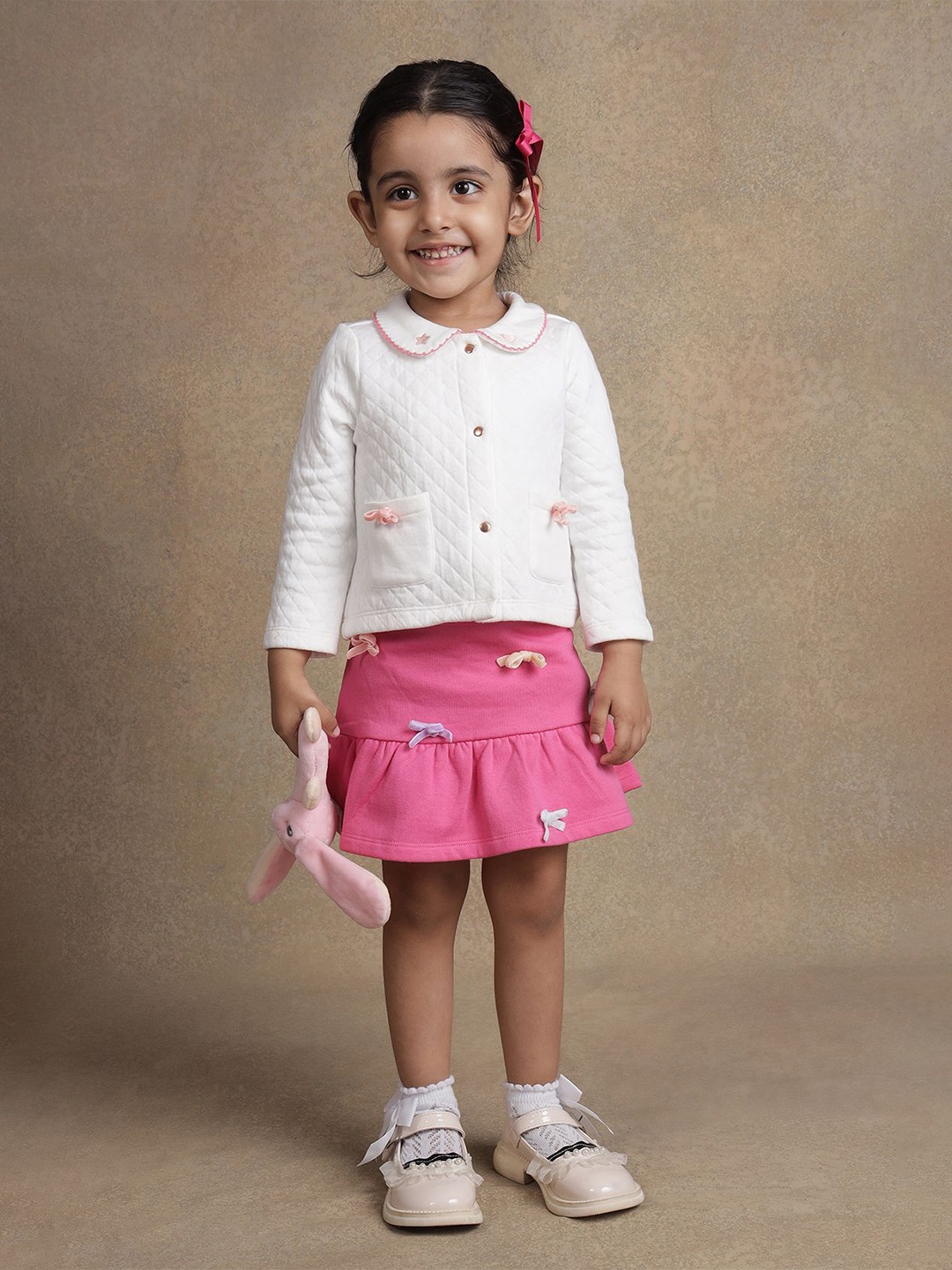 

One Friday Girls Self Design Pure Cotton Quilted Shirt with Skirt, Pink