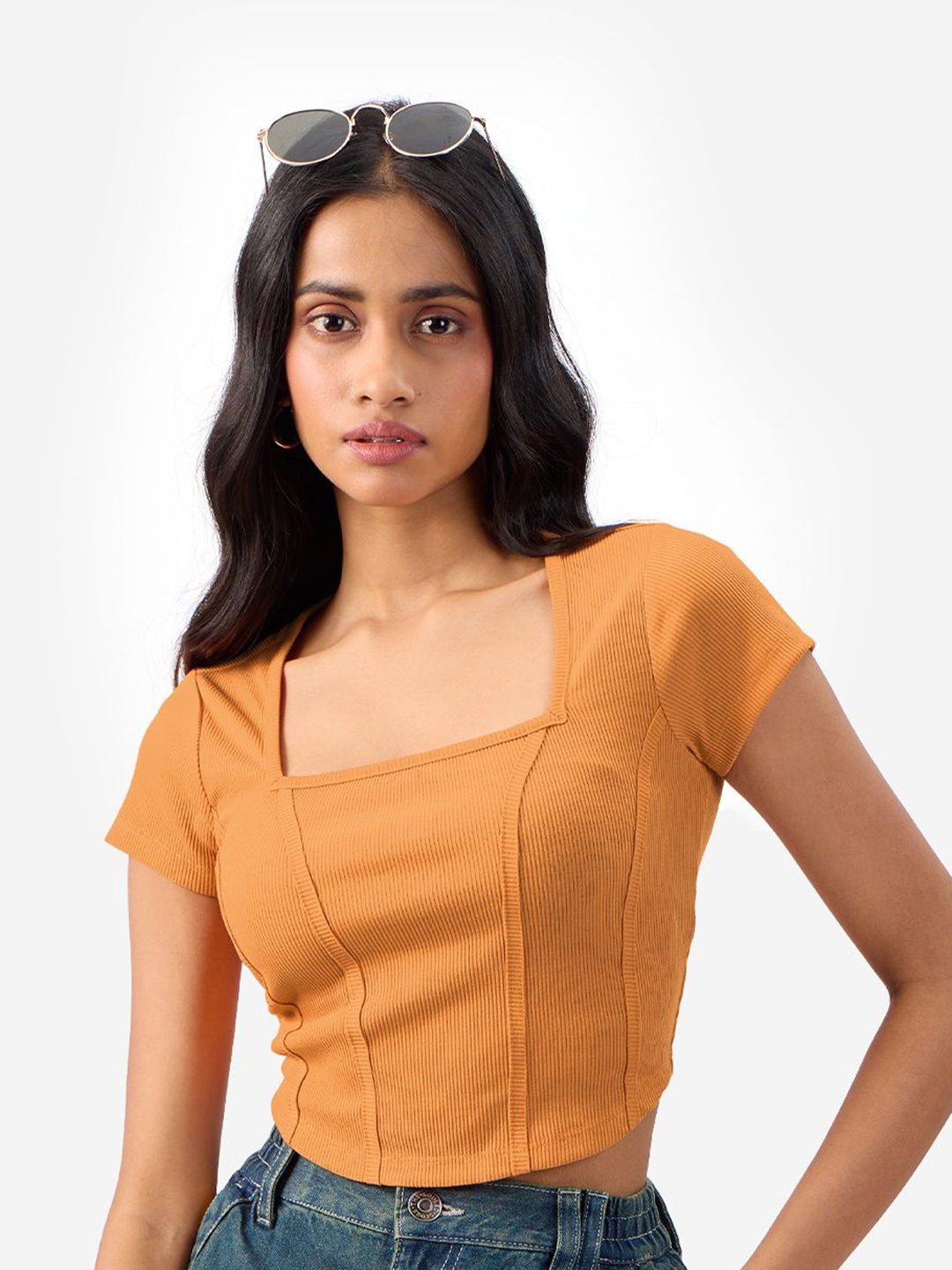 

The Souled Store Women Solid Square Neck Cotton Top, Orange