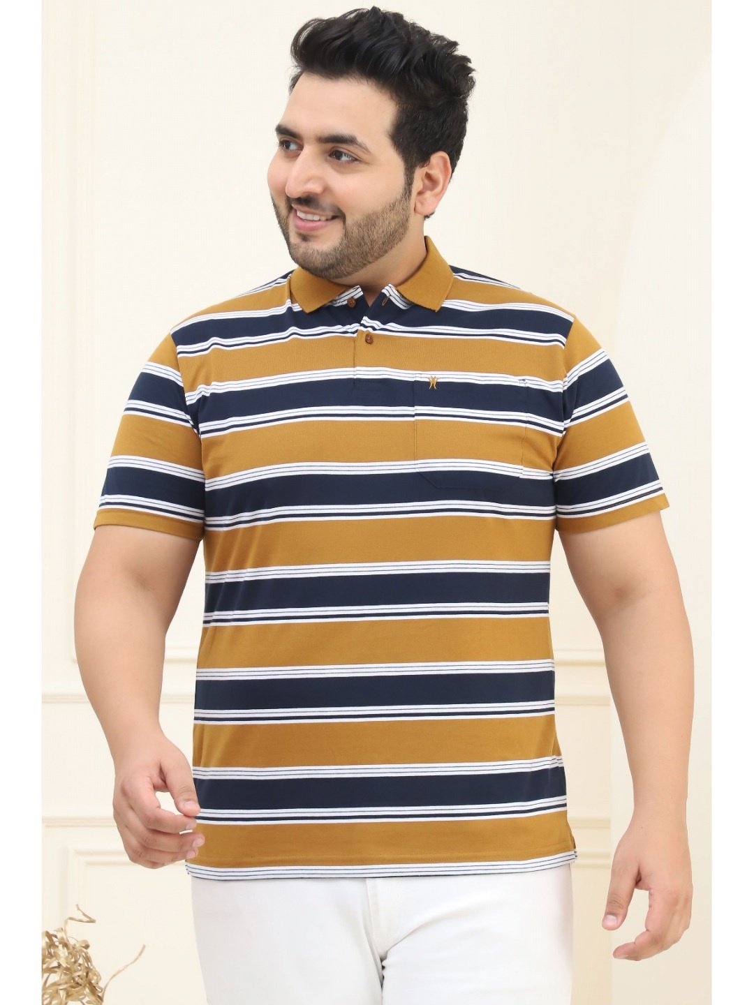 

VENITIAN Men Striped Polo Collar Cotton Plus Size T-shirt, Yellow