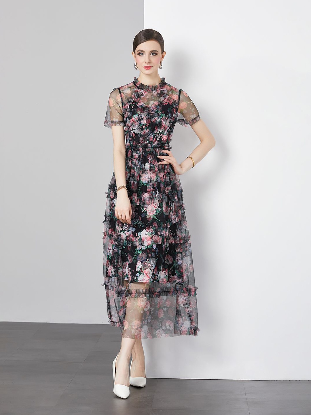 

JC Collection Women Floral Print Regular Sleeves Maxi Dress, Black