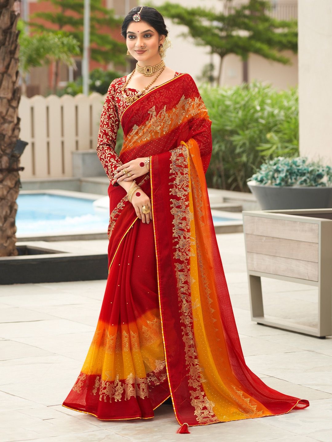 

KALINI Ethnic Motifs Zari Poly Chiffon Saree, Red