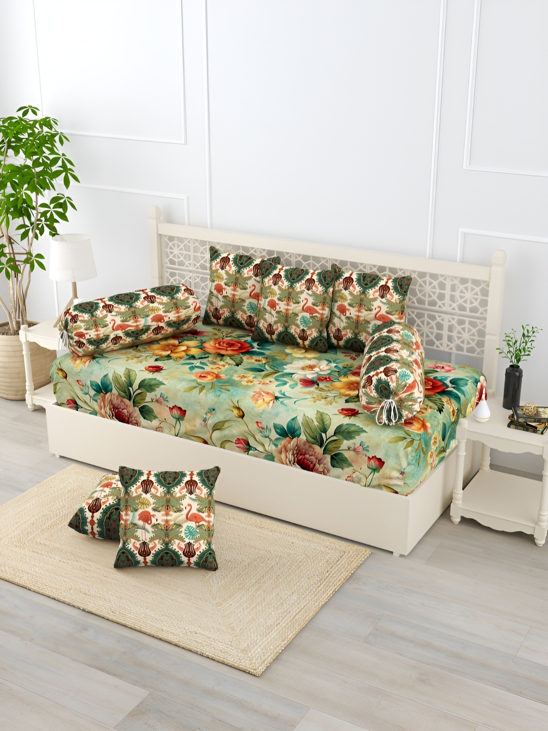 

EverHOME Green & White 8 Pieces Floral Printed Pure Cotton Diwan Set