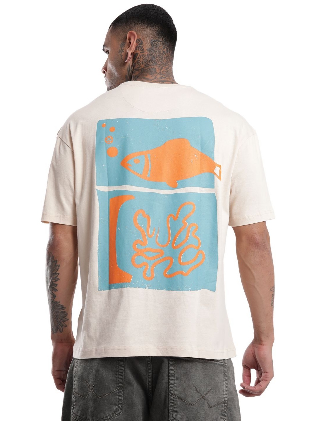 

WROGN Men Graphic Printed Round Neck Pure Cotton Relaxed Fit T-shirt, Beige