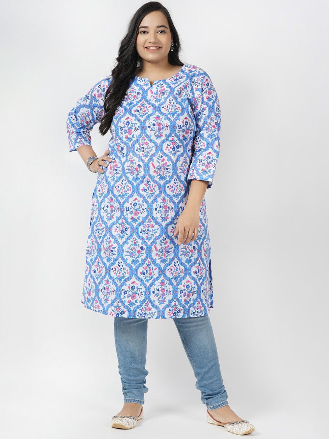 

LastInch Women Ethnic Motifs Printed Mirror Work Kurta, Blue