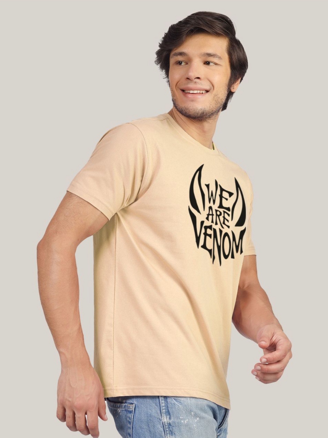 

Greylongg Men Typography Printed Round Neck Cotton T-shirt, Beige