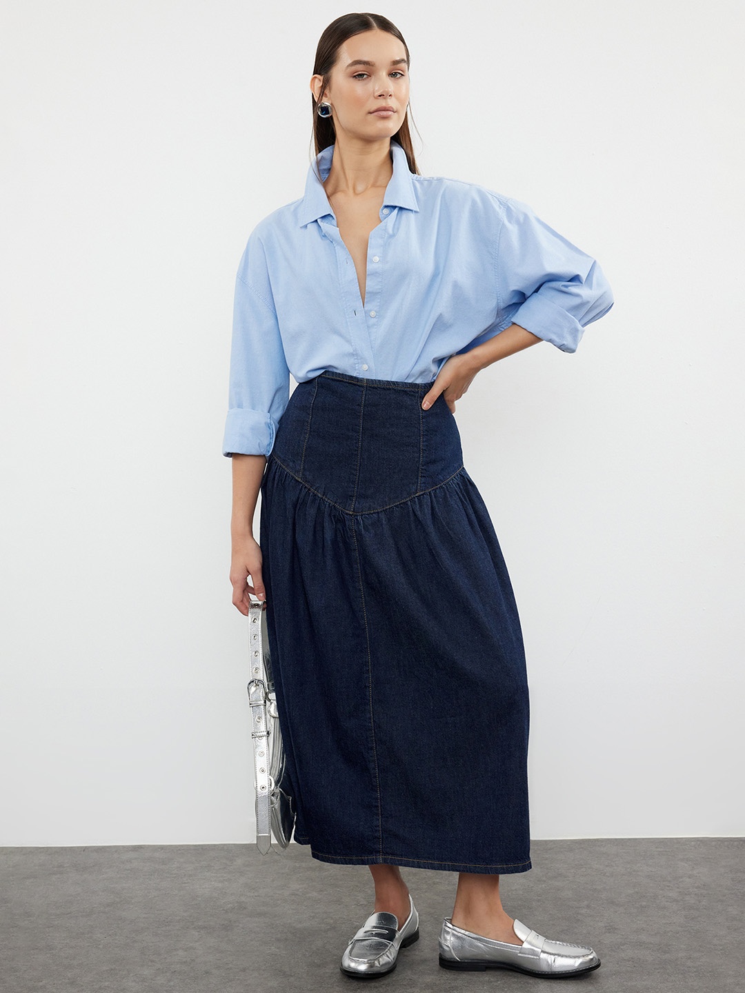

Trendyol Pure Cotton A-line Midi Skirt, Navy blue
