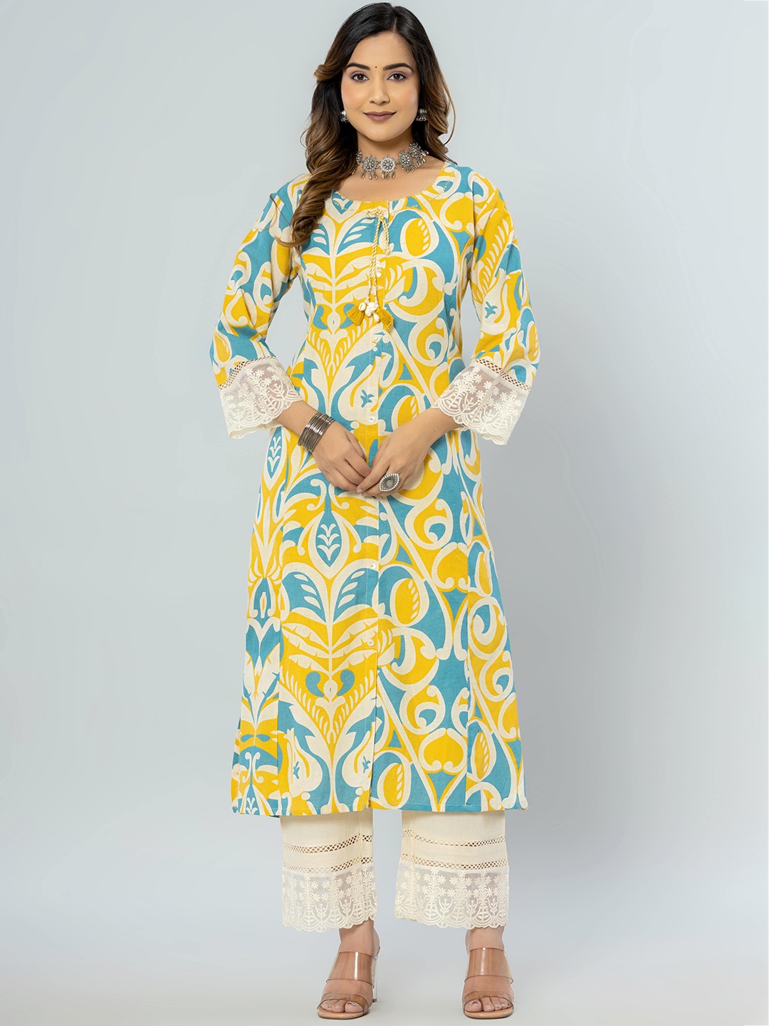 

Amayra Women Floral Printed Regular Pure Cotton A-Line Kurta with Trousers, Yellow