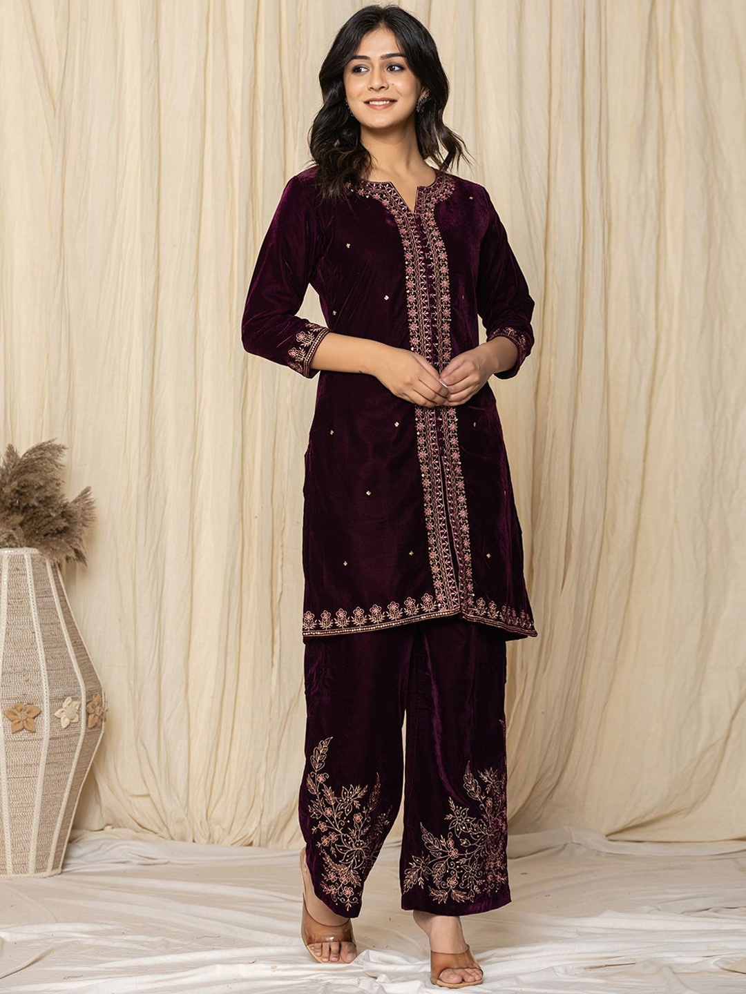 

Yufta Floral Embroidered Notched Round Neck Velvet Tunic With Palazzos, Purple