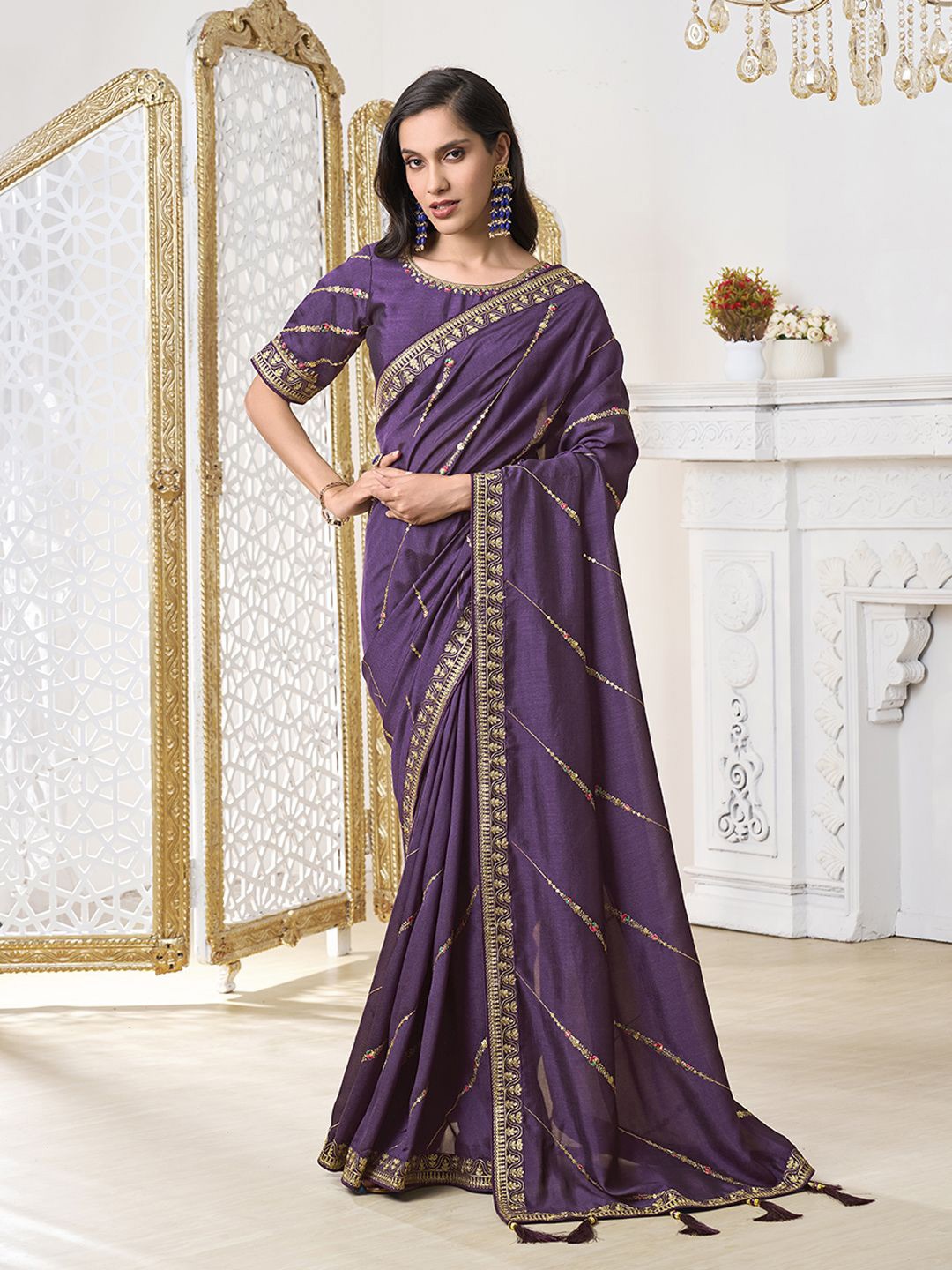 

Inddus Striped Sequinned Silk Blend Saree, Purple