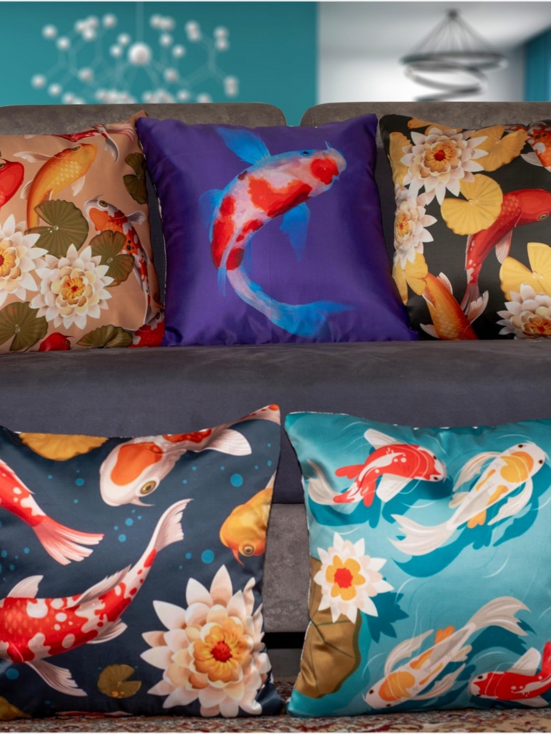

Vendola Navy Blue & Orange Colored 5 Pieces Floral Printed Satin Square Cushion Covers